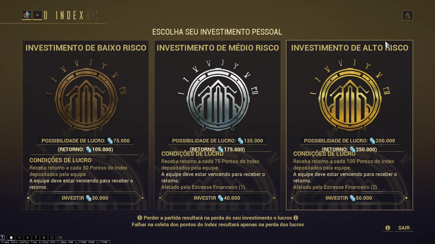 Tela de investimento do Index com os três níveis de risco