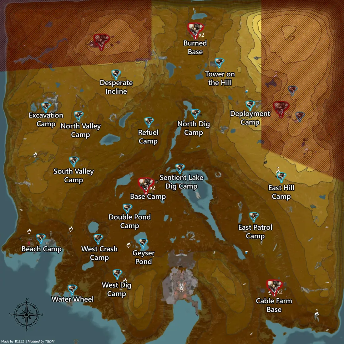 Mapa das Planícies de Eidolon com todos os acampamentos Grineer marcados e os pontos onde nascem os lures