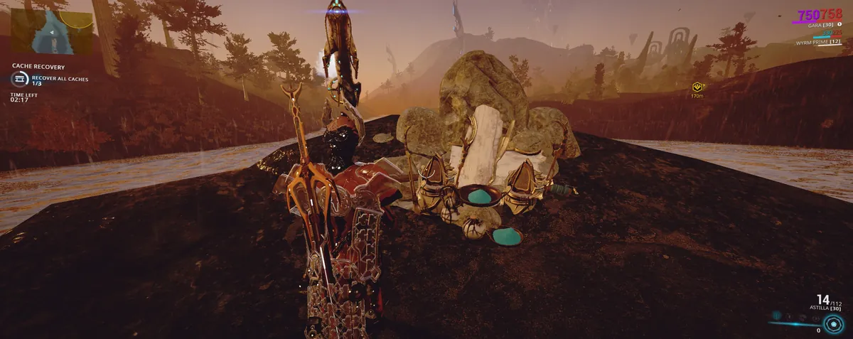 O santuário de Eidolon no meio do lago Gara Toht, com um Warframe parado na frente